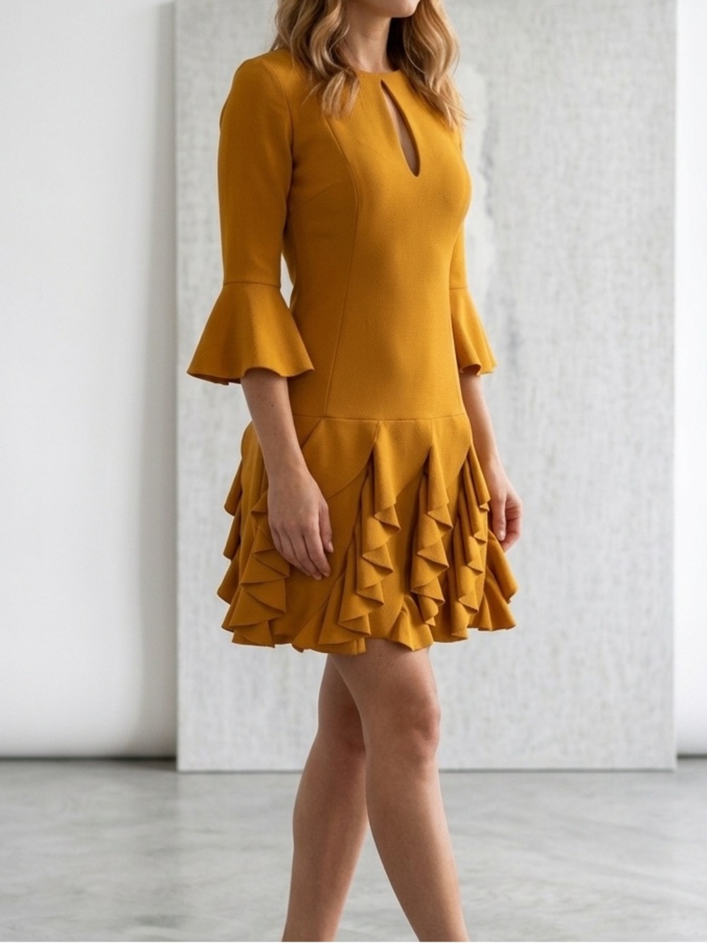 Gil Santucci Mustard Yellow Ruffle Mini Dress | Made in Italy | IT 44 (US M)